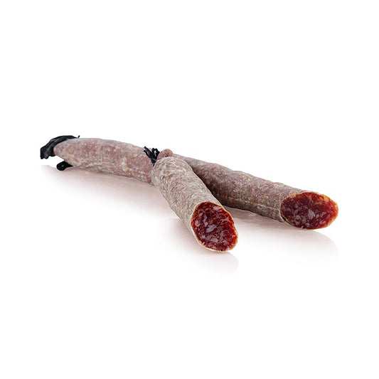 Salsiccia Fuet Negro de Mallorca, Xesc Reina, 125 g - Salsiccia premium di Porc Negre, prodotta da Xesc Reina in collaborazione con l'azienda Gebrüder, stagionata per circa 1,5 - 2 mesi.