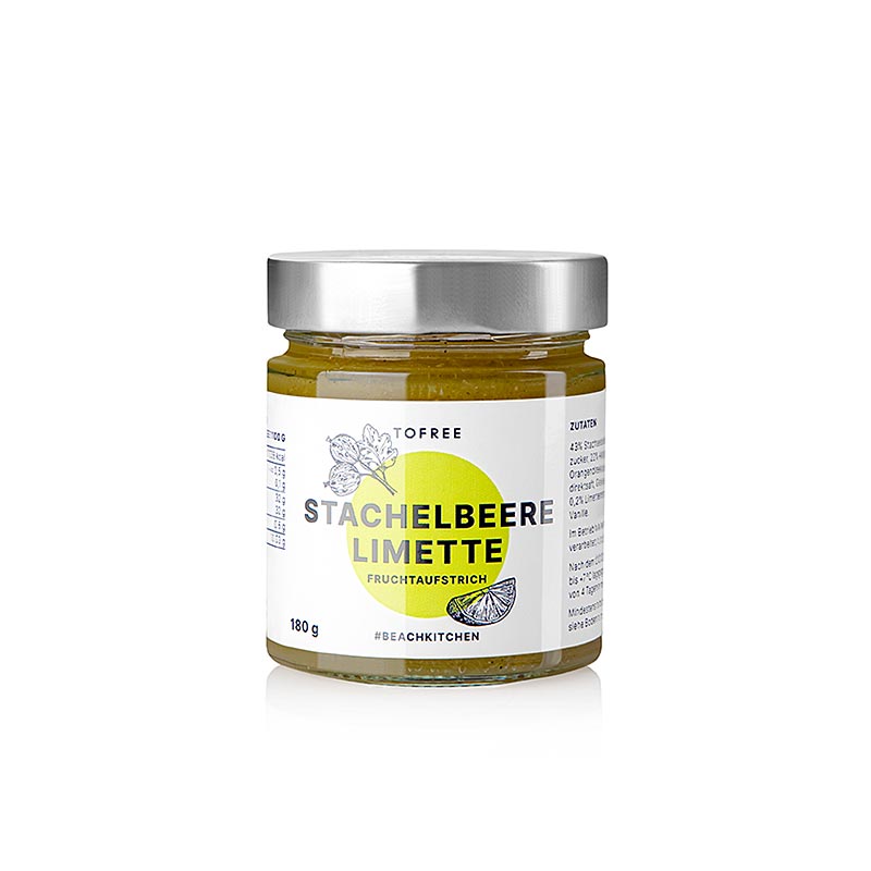 Crema spalmabile alla frutta TOFREE-nord all'uva spina e lime, 180 g, prodotta a Sylt Sviluppata per persone SODDISFATTE e una buona vita insieme