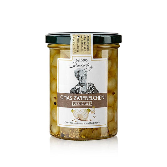 Cipolle della nonna in agrodolce di Schudeisky, 400 g, delizioso contorno per hamburger e insalate, di alta qualità in una pratica scatola di latta, da generazioni le più amate.