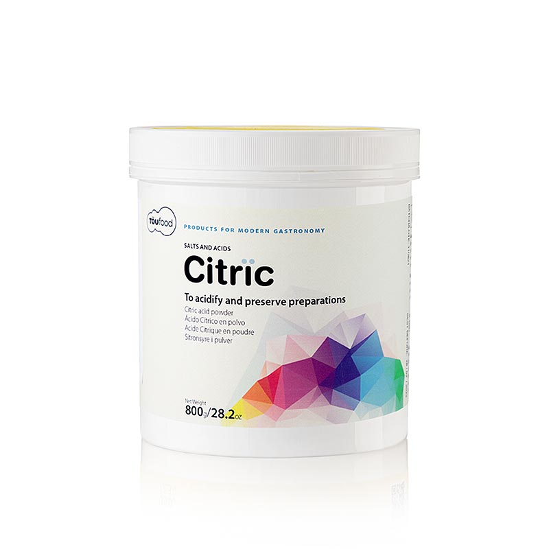 Acido citrico di TÖUFOOD, 800 g - acido ottenuto dagli agrumi, favorisce le proprietà conservanti e gelificanti, utilizzato anche come acidificante e antiossidante.