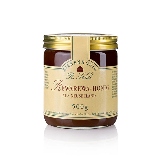 Immagine di un barattolo da 500 g di miele Feldt Rewarewa della Nuova Zelanda, raccolto nelle foreste incontaminate dell'Isola del Nord, con un sapore ricco e aromatico di caramello e una leggera amarezza, perfetto per l'uso quotidiano o come regalo speciale.