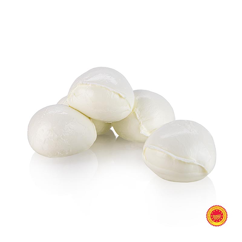 Immagine di un prodotto di mozzarella di bufala chiamato Mozzarella di Bufala, Bocconcini (circa 50 g per pallina), Campana DOP, 250 g con descrizione della mozzarella artigianale campana, prodotta con latte di bufala di alta qualità, prodotto in modo sostenibile, dal sapore intenso e dalla consistenza piacevolmente cremosa, premiata come migliore mozzarella di bufala in Germania dal giornale Süddeutsche Zeitung.
