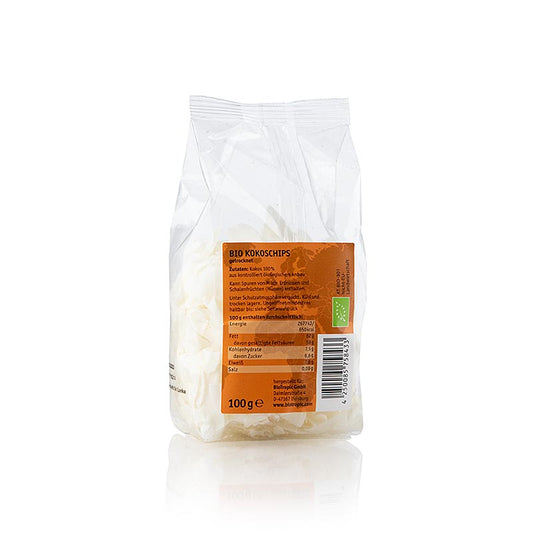 Confezione di chips di cocco biologiche da 100 g, ottenute da noci di cocco fresche, senza zuccheri aggiunti