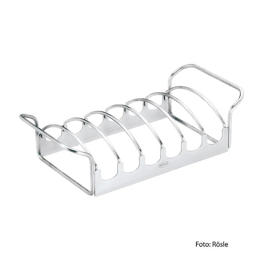 Porta arrosti e costine Rösle in acciaio inox di alta qualità per costine di ricambio perfettamente grigliate Ideale per porzioni ridotte e spazio limitato per la griglia Dimensioni: 18 x 12,5 x 8,5 cm