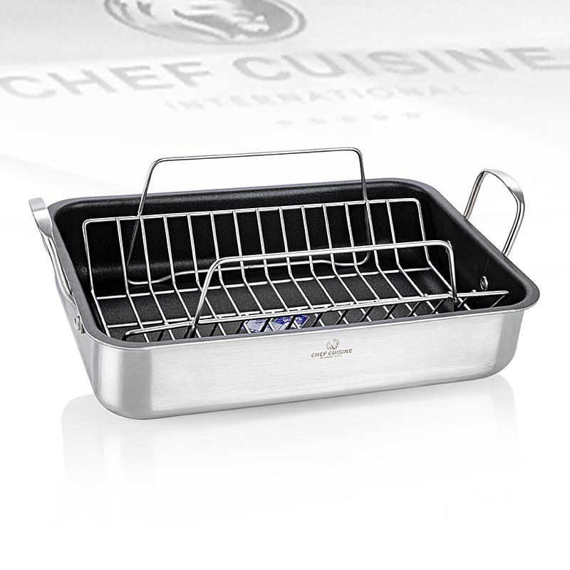 Padella rettangolare in acciaio inox con rivestimento a nido d'ape di Chef Cuisine, ideale per cuochi dilettanti e professionisti, per le proprietà antiaderenti e la distribuzione uniforme del calore, dimensioni generose per piatti deliziosi