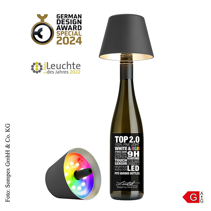 Lampada da tavolo "TOP 2.0", per bottiglie, con batteria ricaricabile, 11x12.5cm, plastica, antracite (78432), 1 pz.