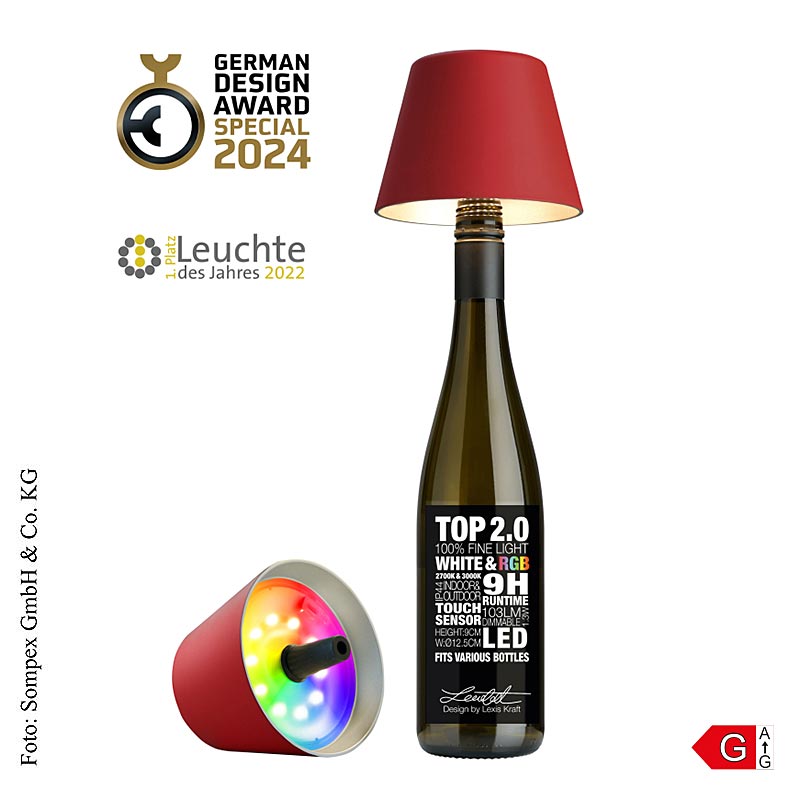 Lampada da tavolo TOP 20, per bottiglie, batteria ricaricabile, 11x12,5 cm, plastica, rosso (72530), 1 pz - Lampada da tavolo ricaricabile in robusta plastica rossa, 11x12,5 cm, perfetta per illuminare le bottiglie, a batteria