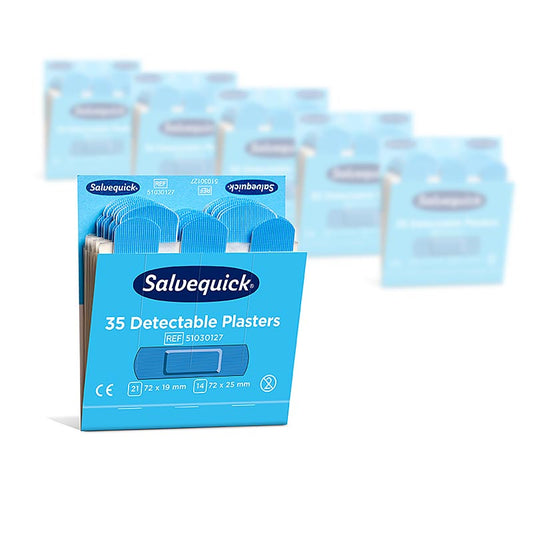 Confezione di ricarica con 6 confezioni da 35 cerotti blu rilevabili (codice articolo 51030127) di Cederroth, ideale per le attrezzature di primo soccorso nelle cucine commerciali e negli stabilimenti di lavorazione degli alimenti