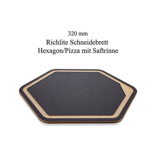 Tagliere in Richlite di forma esagonale con canale per il succo, progettato dal famoso chef Mario Kotaska, resistente ai graffi e igienico, ideale per pizze e altri piatti, diametro 320 mm, per uso privato e professionale in cucina