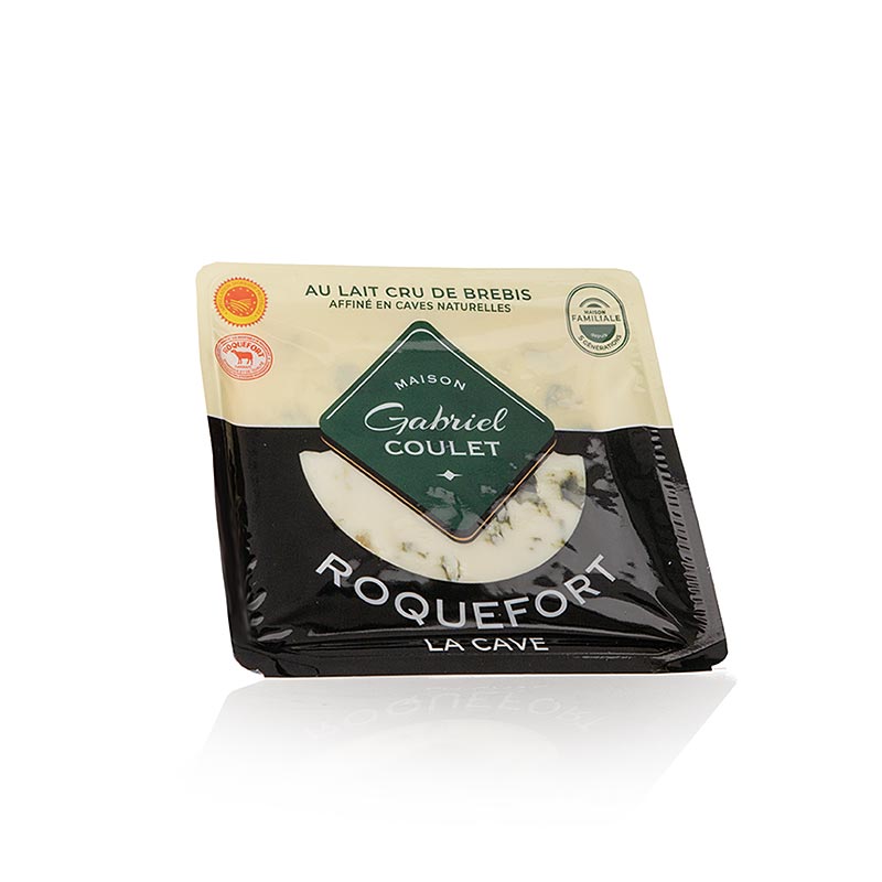 Roquefort AOP DOP, formaggio erborinato a latte crudo, 100g - Scoprite il sapore unico e la consistenza ricca e cremosa del Roquefort AOP DOP francese, un formaggio erborinato protetto prodotto con latte crudo e stagionato nelle grotte naturali di Combalou.