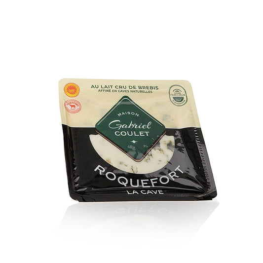 Roquefort AOP DOP, formaggio erborinato a latte crudo, 100g - Scoprite il sapore unico e la consistenza ricca e cremosa del Roquefort AOP DOP francese, un formaggio erborinato protetto prodotto con latte crudo e stagionato nelle grotte naturali di Combalou.