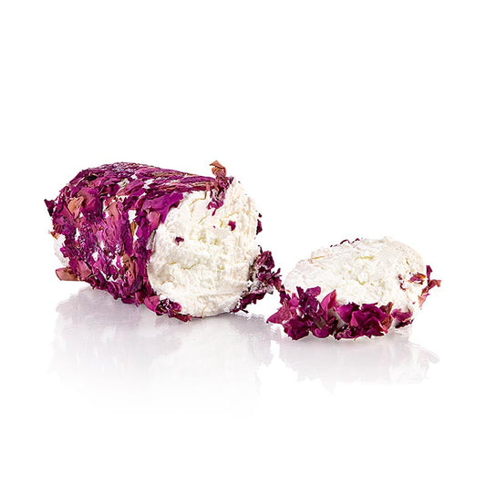 La Buchette ai petali di rosa rossa, preparazione casearia a base di latte di capra, 100 g - Formaggio di capra dalla consistenza cremosa e dai sottili aromi floreali di petali di rosa rossa, ideale come parte di un piatto di formaggi, su pane tostato o in insalata.