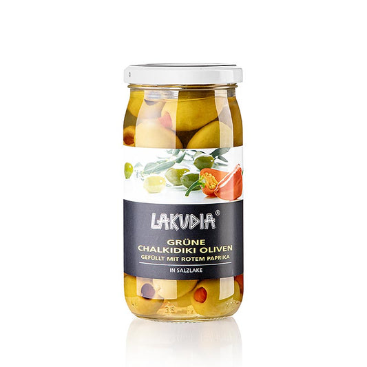 Olive verdi "Chalkidiki", senza nocciolo, con paprika, Lakudia, 355 g